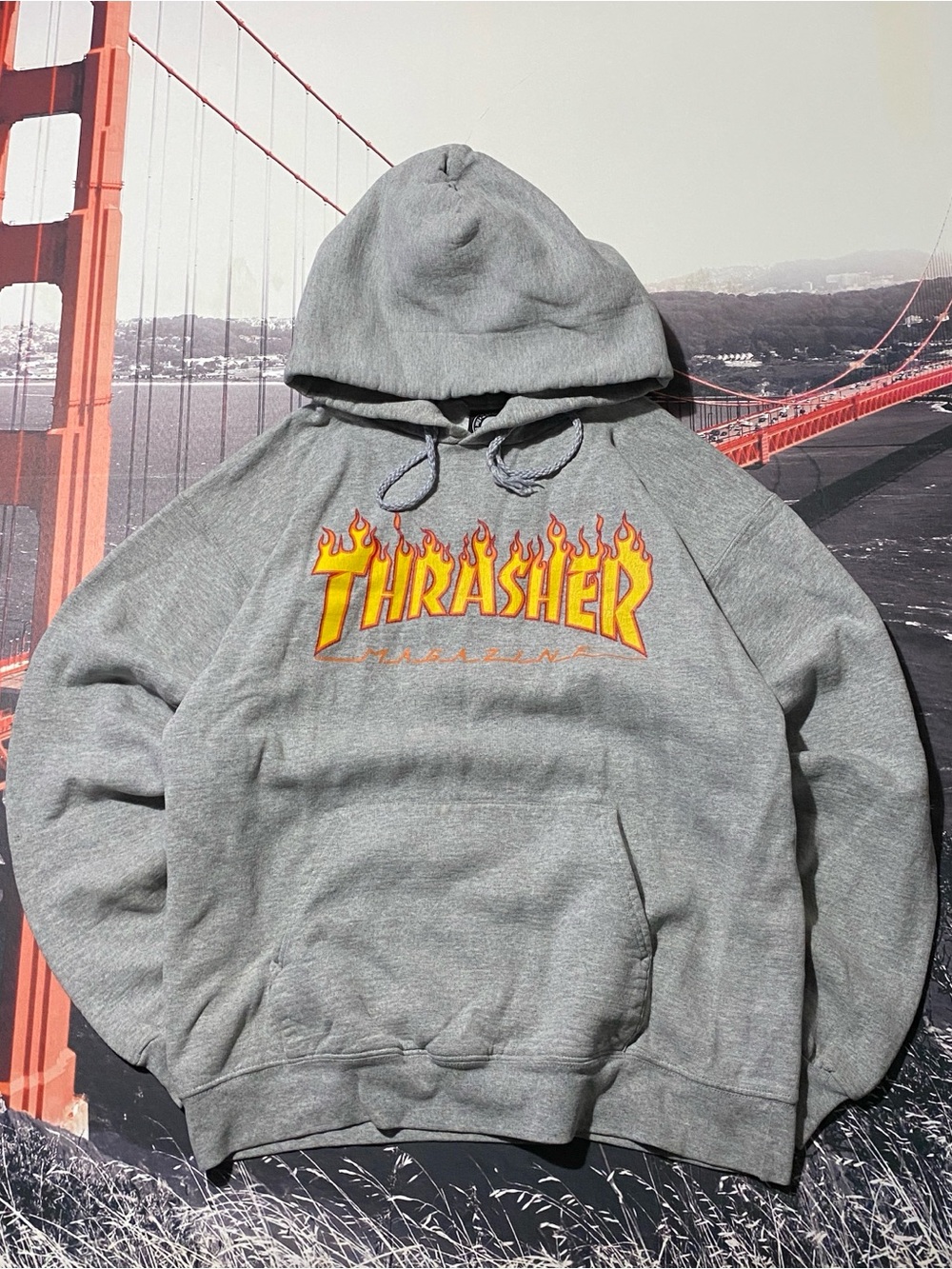 Thrasher Grey Hoodie with Yellow and Orange Flame Logo